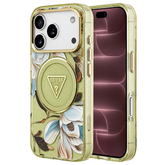 Custodia MagSafe per Apple iPhone 18 Pro Max / 17 Pro Max, Guess, IML Metal Glitter Flowers Triangle, Verde