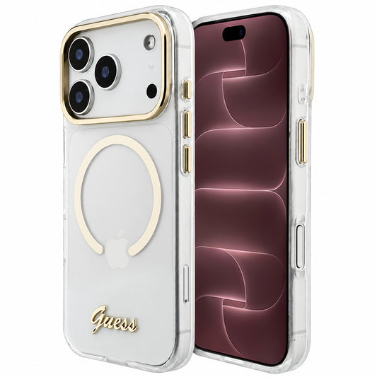Custodia MagSafe per Apple iPhone 18 Pro Max / 17 Pro Max, Guess, IML Script Metal, trasparente
