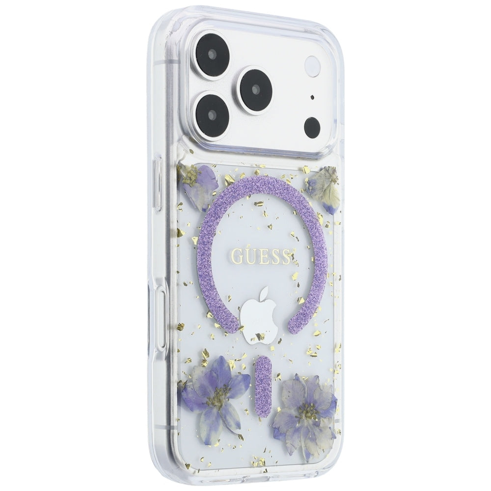 Custodia MagSafe per Apple iPhone 18 Pro Max / 17 Pro Max, Guess, Fiori in Resina e Glitter, Viola