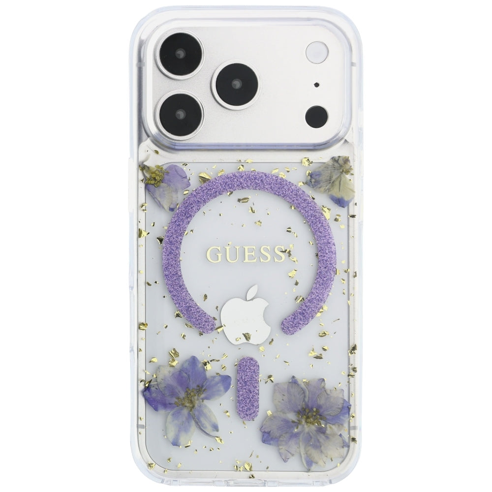 Custodia MagSafe per Apple iPhone 18 Pro Max / 17 Pro Max, Guess, Fiori in Resina e Glitter, Viola