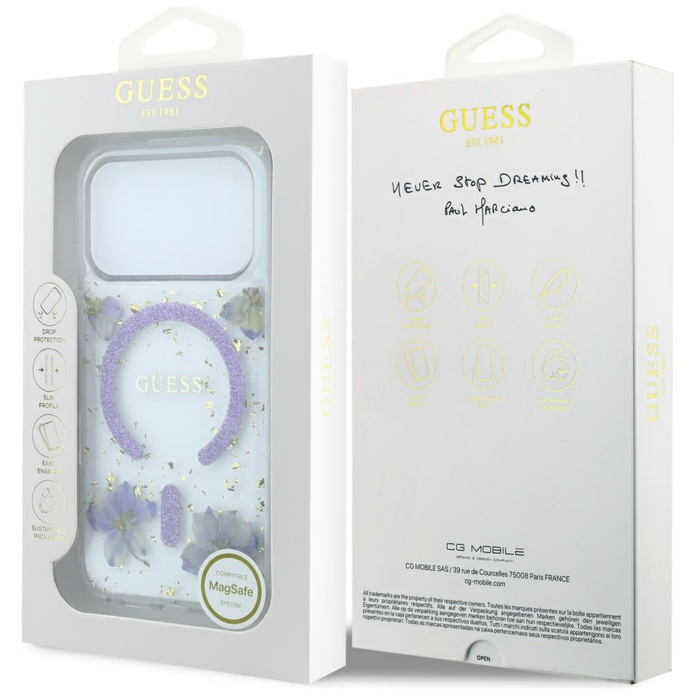 Custodia MagSafe per Apple iPhone 18 Pro Max / 17 Pro Max, Guess, Fiori in Resina e Glitter, Viola