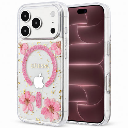 MagSafe Case for Apple iPhone 18 Pro Max / 17 Pro Max, Guess, Resin Flowers and Glitter, Pink