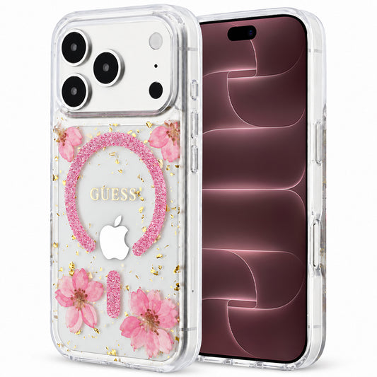 Custodia MagSafe per Apple iPhone 18 Pro Max / 17 Pro Max, Guess, Resin Flowers and Glitter, Rosa