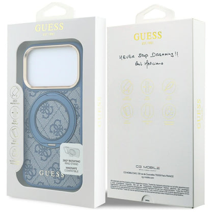 Custodia MagSafe per Apple iPhone 18 Pro Max / 17 Pro Max, Guess, Ring Stand 360 4G Classic Logo, Blu
