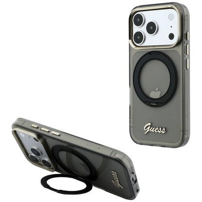 Custodia MagSafe per Apple iPhone 18 Pro Max / 17 Pro Max, Guess, Ring Stand Script Metal Logo, Nera