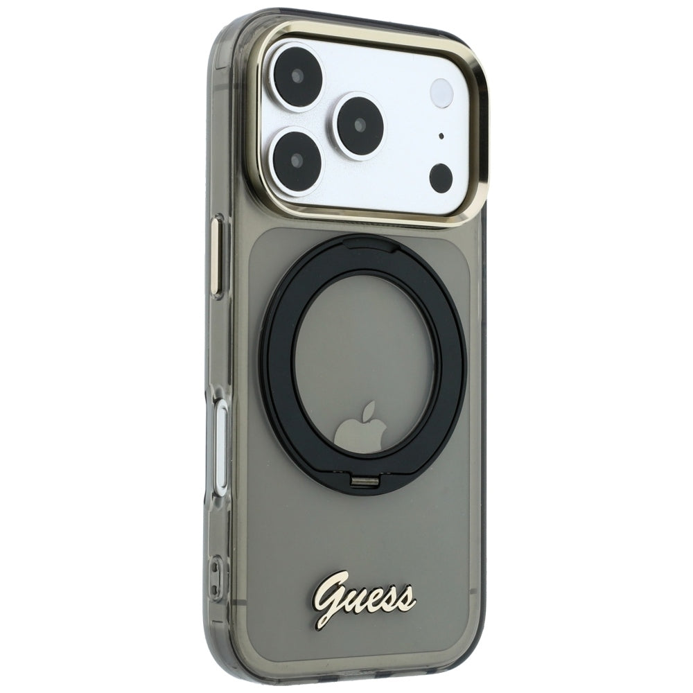 Custodia MagSafe per Apple iPhone 18 Pro Max / 17 Pro Max, Guess, Ring Stand Script Metal Logo, Nera