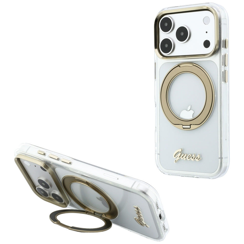 Custodia MagSafe per Apple iPhone 18 Pro Max / 17 Pro Max, Guess, Ring Stand Script Metal Logo, Trasparente