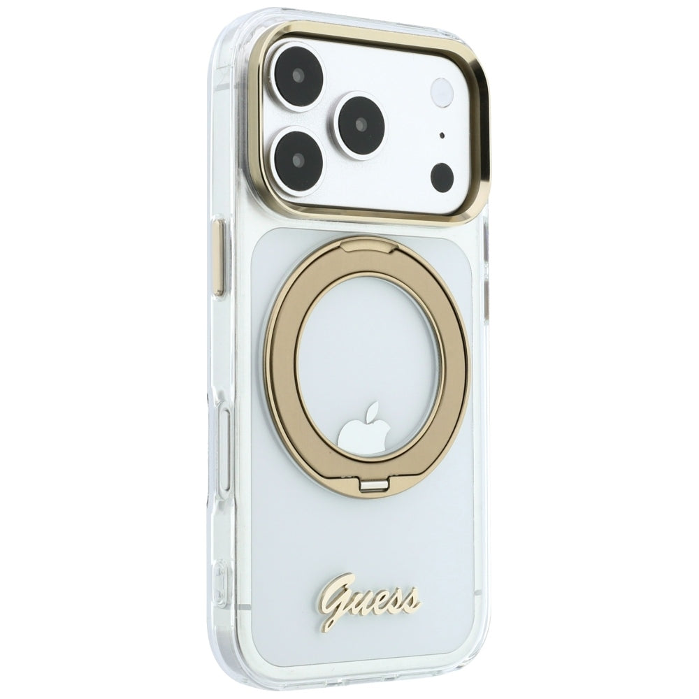 Custodia MagSafe per Apple iPhone 18 Pro Max / 17 Pro Max, Guess, Ring Stand Script Metal Logo, Trasparente
