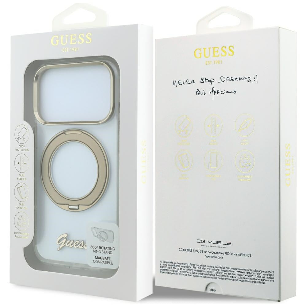 Custodia MagSafe per Apple iPhone 18 Pro Max / 17 Pro Max, Guess, Ring Stand Script Metal Logo, Trasparente