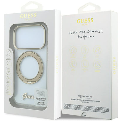 Custodia MagSafe per Apple iPhone 18 Pro Max / 17 Pro Max, Guess, Ring Stand Script Metal Logo, Trasparente
