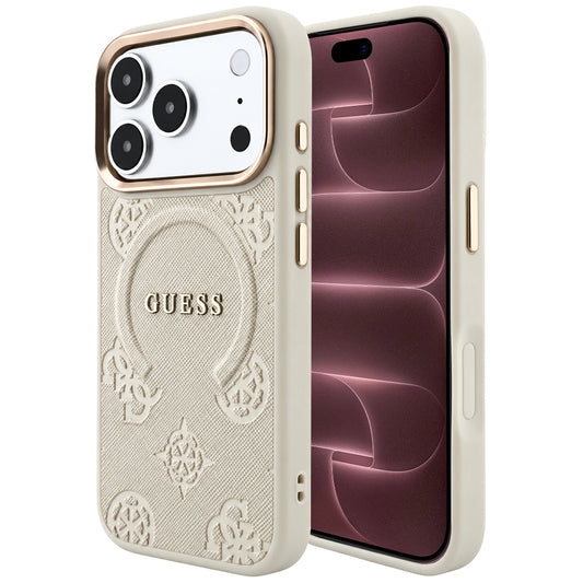 Custodia MagSafe per Apple iPhone 18 Pro Max / 17 Pro Max, Guess, Saffiano Peony Hot Stamp, Beige