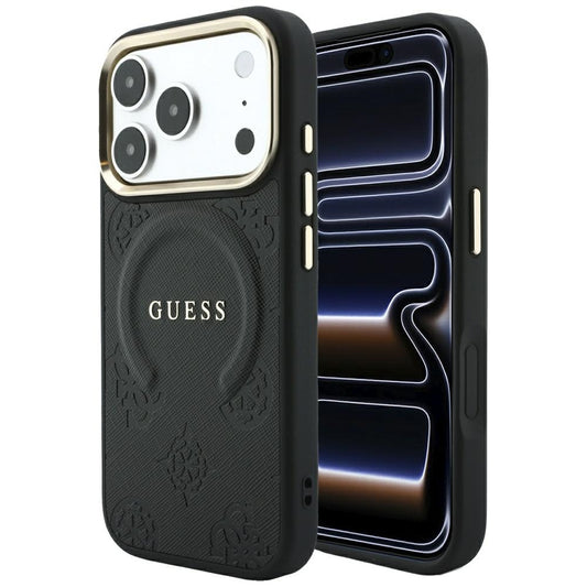 Custodia MagSafe per Apple iPhone 18 Pro Max / 17 Pro Max, Guess, Saffiano Peony Ring, Nera