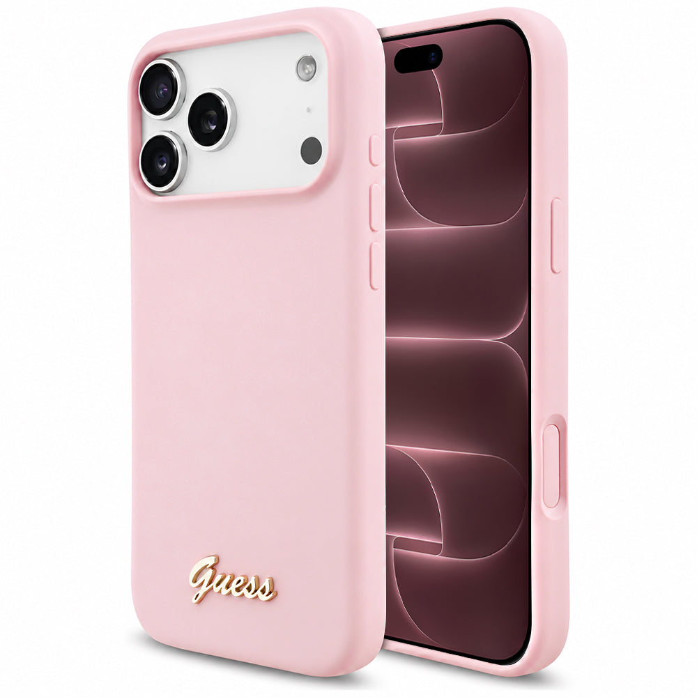 Custodia MagSafe per Apple iPhone 18 Pro Max / 17 Pro Max, Guess, Script Metal Logo, Rosa