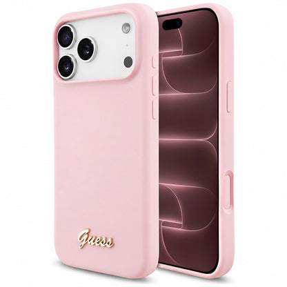 Custodia MagSafe per Apple iPhone 18 Pro Max / 17 Pro Max, Guess, Script Metal Logo, Rosa