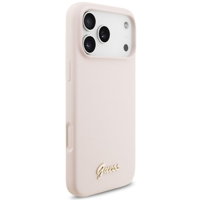 Custodia MagSafe per Apple iPhone 18 Pro Max / 17 Pro Max, Guess, Script Metal Logo, Rosa