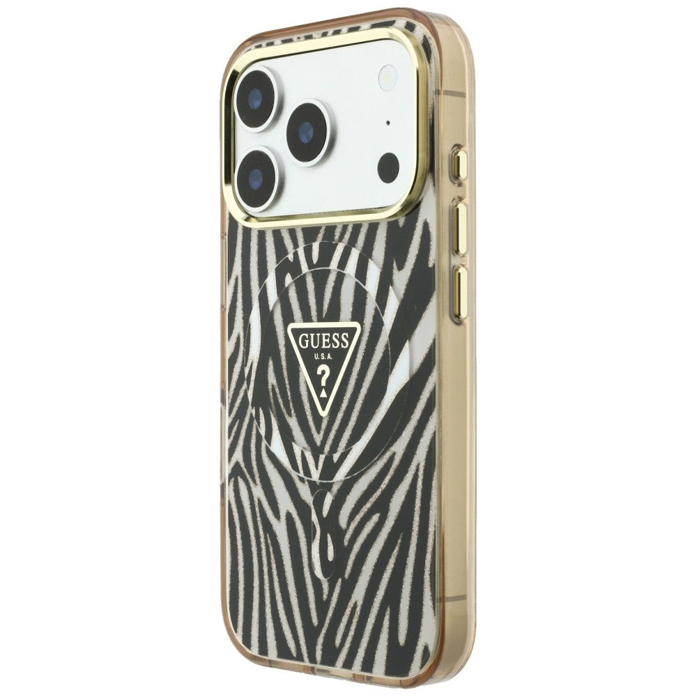 Custodia MagSafe per Apple iPhone 18 Pro Max / 17 Pro Max, Guess, Logo Triangolo Glitter Zebra, Dorata