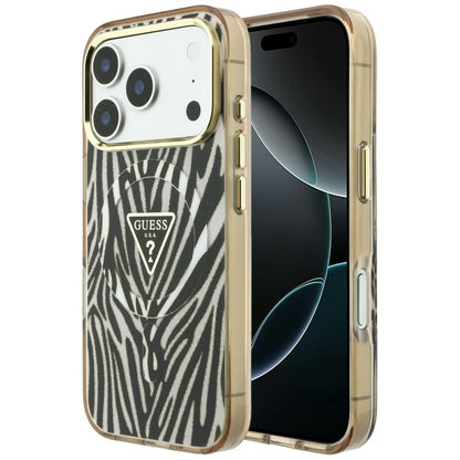 Custodia MagSafe per Apple iPhone 18 Pro Max / 17 Pro Max, Guess, Logo Triangolo Glitter Zebra, Dorata