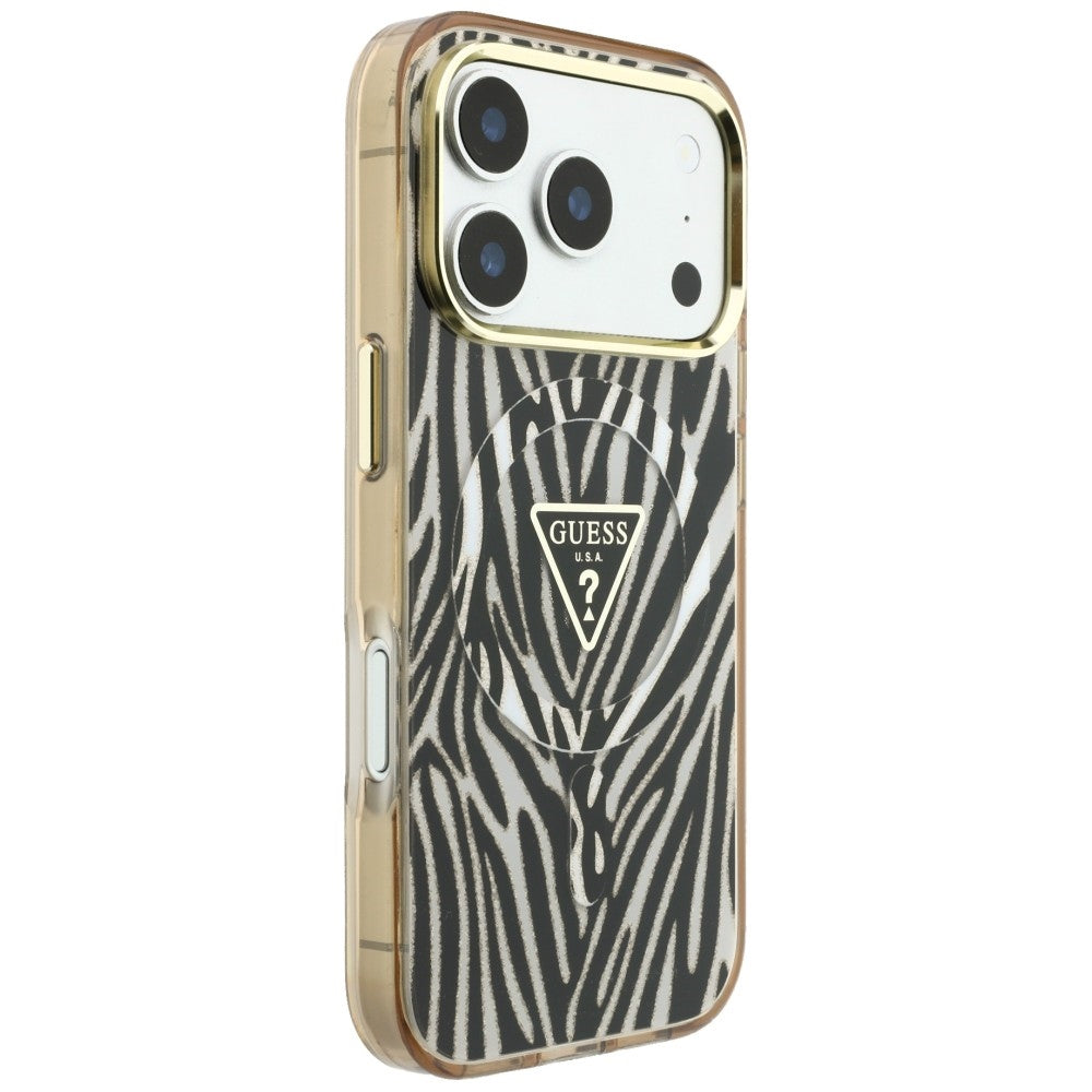 Custodia MagSafe per Apple iPhone 18 Pro Max / 17 Pro Max, Guess, Logo Triangolo Glitter Zebra, Dorata