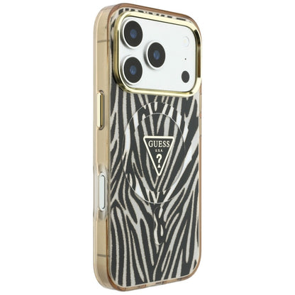 Custodia MagSafe per Apple iPhone 18 Pro Max / 17 Pro Max, Guess, Logo Triangolo Glitter Zebra, Dorata