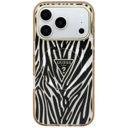 Custodia MagSafe per Apple iPhone 18 Pro Max / 17 Pro Max, Guess, Logo Triangolo Glitter Zebra, Dorata