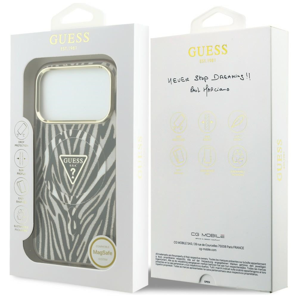 Custodia MagSafe per Apple iPhone 18 Pro Max / 17 Pro Max, Guess, Logo Triangolo Glitter Zebra, Dorata