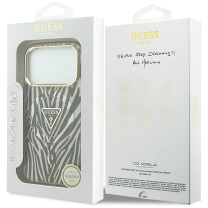 Custodia MagSafe per Apple iPhone 18 Pro Max / 17 Pro Max, Guess, Logo Triangolo Glitter Zebra, Dorata