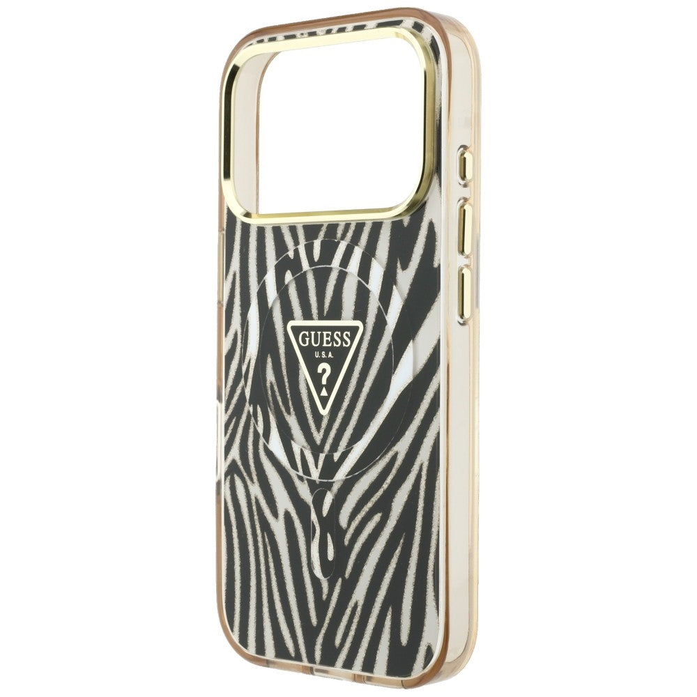 Custodia MagSafe per Apple iPhone 18 Pro Max / 17 Pro Max, Guess, Logo Triangolo Glitter Zebra, Dorata