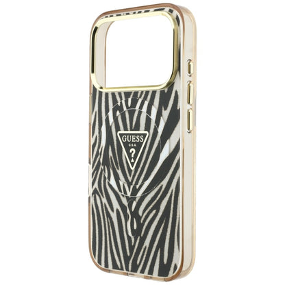 Custodia MagSafe per Apple iPhone 18 Pro Max / 17 Pro Max, Guess, Logo Triangolo Glitter Zebra, Dorata