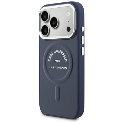 Custodia MagSafe per Apple iPhone 18 Pro Max / 17 Pro Max, Karl Lagerfeld, Embossed Open Ring RSG Logo, blu
