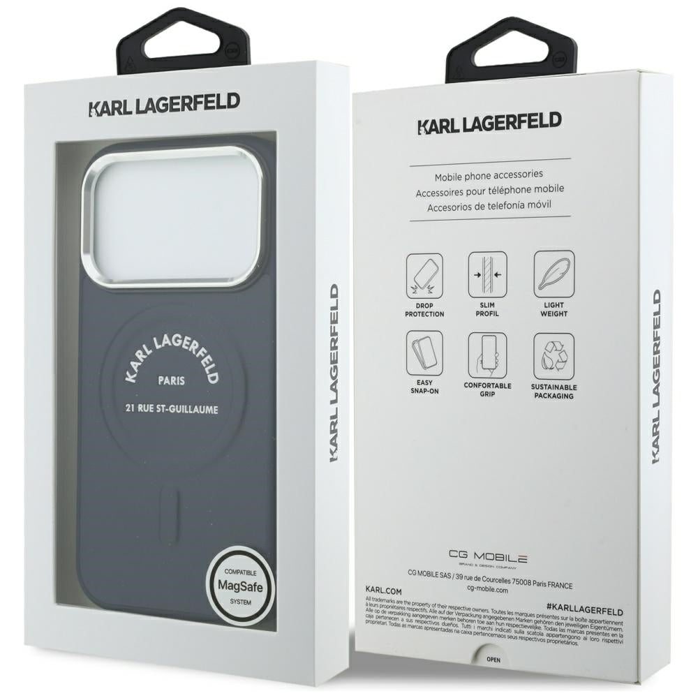 Custodia MagSafe per Apple iPhone 18 Pro Max / 17 Pro Max, Karl Lagerfeld, Embossed Open Ring RSG Logo, blu
