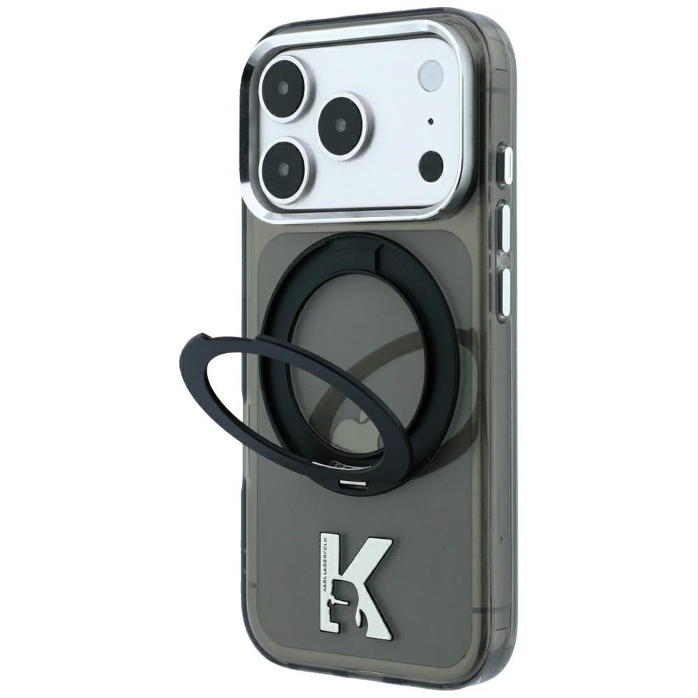 Custodia MagSafe per Apple iPhone 18 Pro Max / 17 Pro Max, Karl Lagerfeld, IML Ring Stand Kameo Metal, Nera