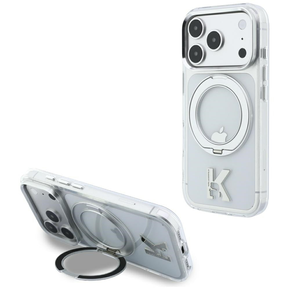 Custodia MagSafe per Apple iPhone 18 Pro Max / 17 Pro Max, Karl Lagerfeld, IML Ring Stand Kameo Metal, Trasparente