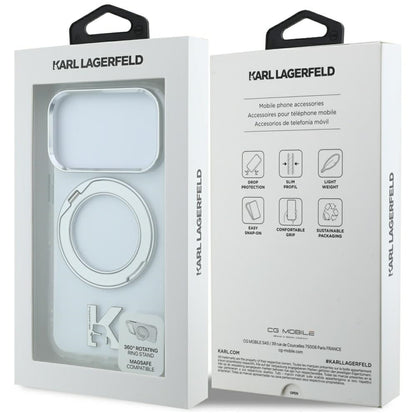 Custodia MagSafe per Apple iPhone 18 Pro Max / 17 Pro Max, Karl Lagerfeld, IML Ring Stand Kameo Metal, Trasparente