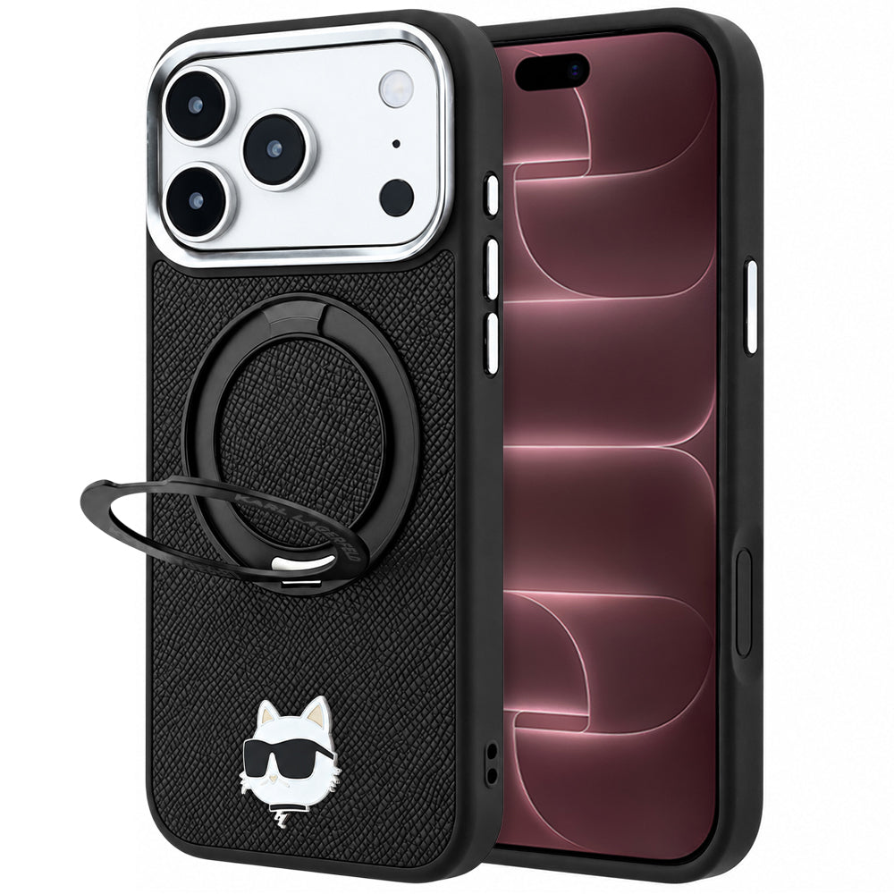Custodia MagSafe per Apple iPhone 18 Pro Max / 17 Pro Max, Karl Lagerfeld, Ring Stand 360 Choupette Pin, nera
