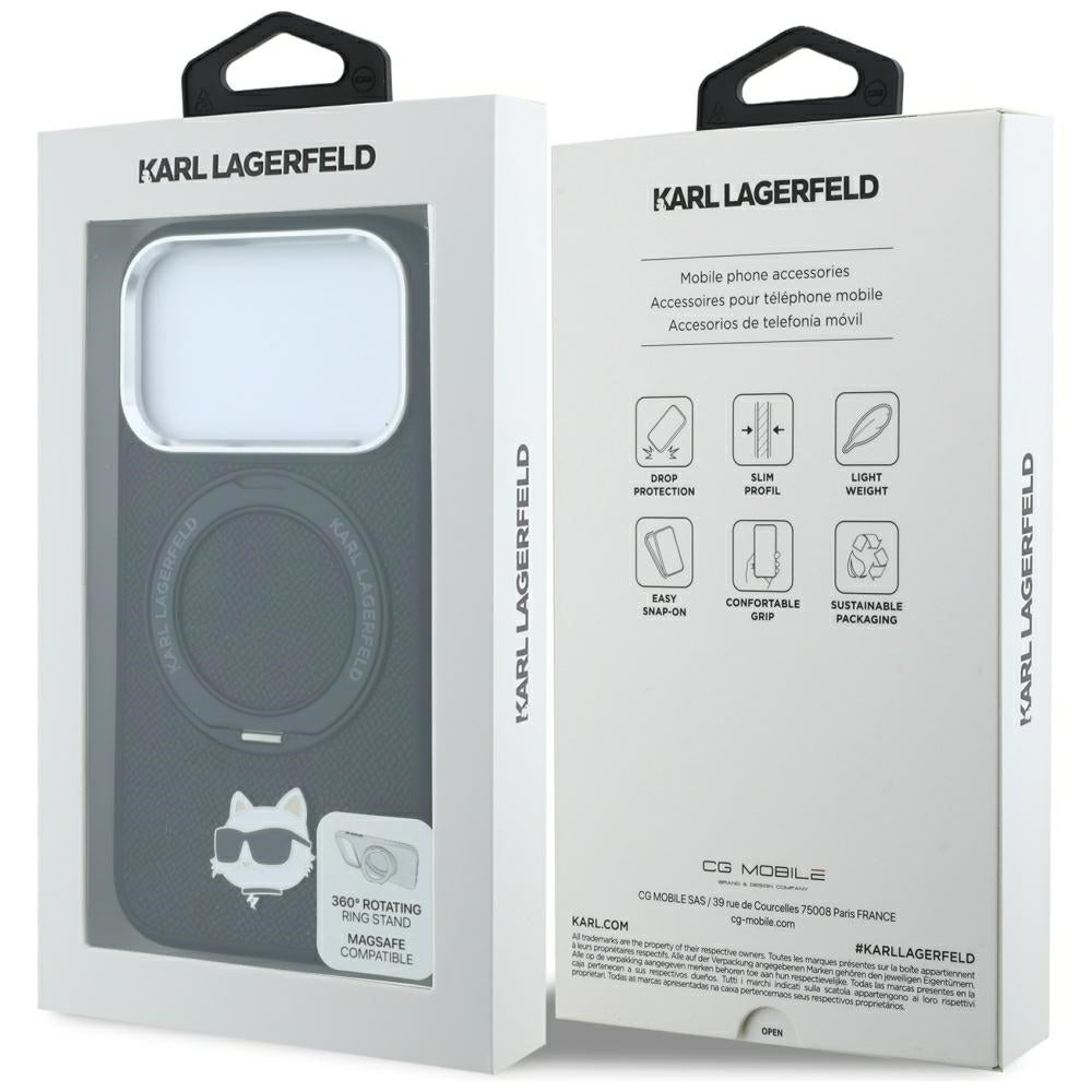 Custodia MagSafe per Apple iPhone 18 Pro Max / 17 Pro Max, Karl Lagerfeld, Ring Stand 360 Choupette Pin, nera