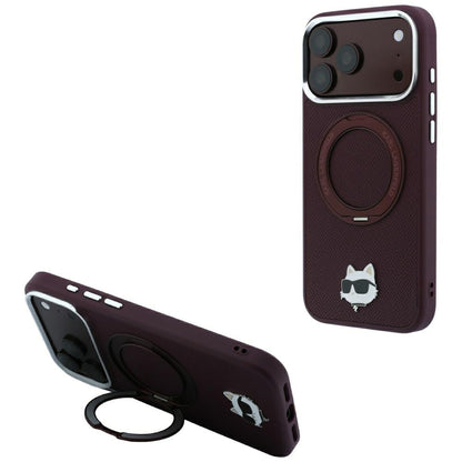 Custodia MagSafe per Apple iPhone 18 Pro Max / 17 Pro Max, Karl Lagerfeld, Saffiano Ring Stand 360 Choupette Pin, Vinaccia