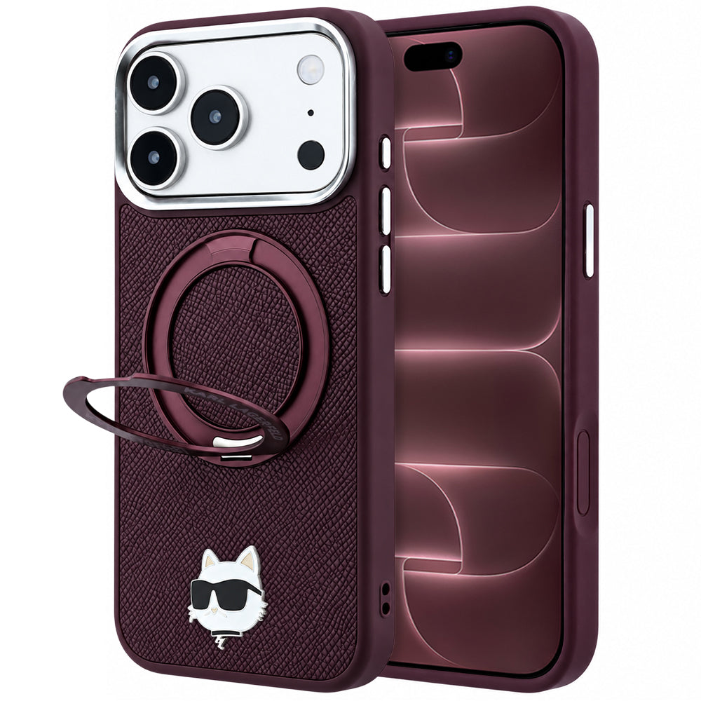 Custodia MagSafe per Apple iPhone 18 Pro Max / 17 Pro Max, Karl Lagerfeld, Saffiano Ring Stand 360 Choupette Pin, Vinaccia