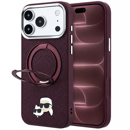 Custodia MagSafe per Apple iPhone 18 Pro Max / 17 Pro Max, Karl Lagerfeld, Ring Stand 360 Karl & Choupette Pin, color vinaccia