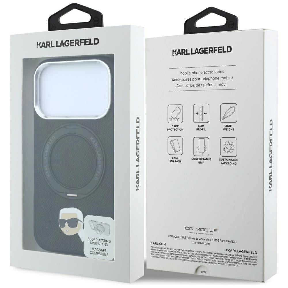MagSafe Case for Apple iPhone 18 Pro Max / 17 Pro Max, Karl Lagerfeld, Ring Stand 360 Karl Pin, Black