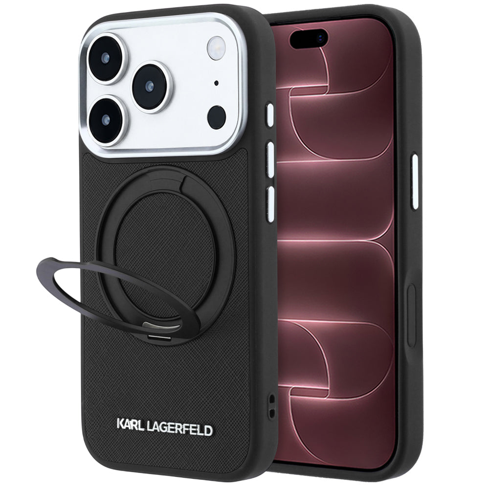 Custodia MagSafe per Apple iPhone 18 Pro Max / 17 Pro Max, Karl Lagerfeld, Ring Stand 360 Saffiano, Nera