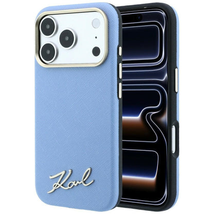Custodia MagSafe per Apple iPhone 18 Pro Max / 17 Pro Max, Karl Lagerfeld, Saffiano Small Script Metal Logo, Bleu