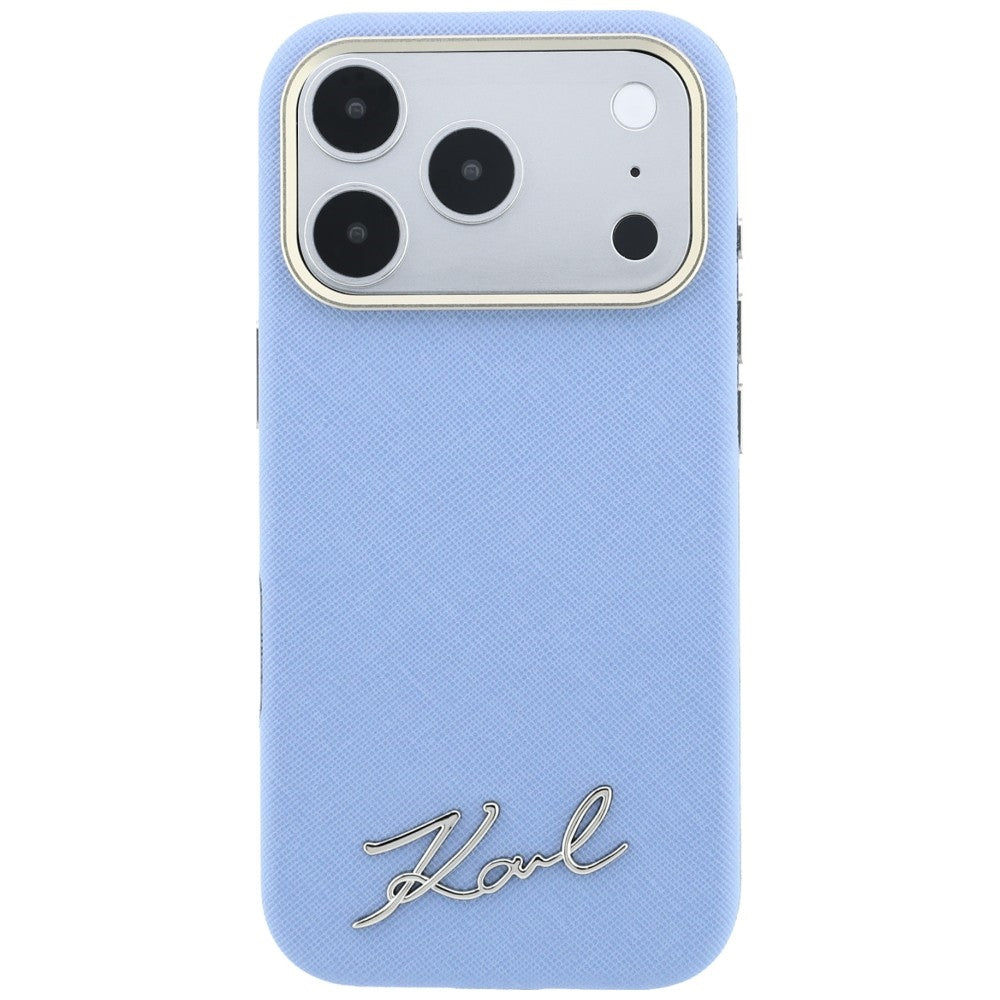 Custodia MagSafe per Apple iPhone 18 Pro Max / 17 Pro Max, Karl Lagerfeld, Saffiano Small Script Metal Logo, Bleu