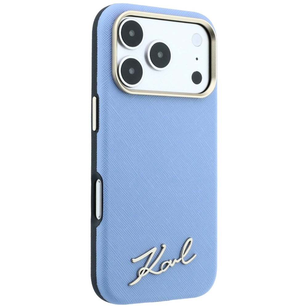 Custodia MagSafe per Apple iPhone 18 Pro Max / 17 Pro Max, Karl Lagerfeld, Saffiano Small Script Metal Logo, Bleu