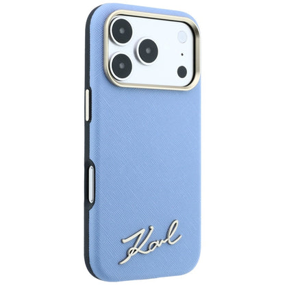 Custodia MagSafe per Apple iPhone 18 Pro Max / 17 Pro Max, Karl Lagerfeld, Saffiano Small Script Metal Logo, Bleu