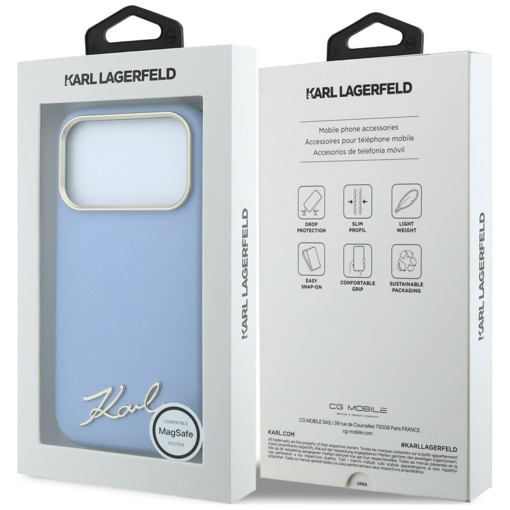 Custodia MagSafe per Apple iPhone 18 Pro Max / 17 Pro Max, Karl Lagerfeld, Saffiano Small Script Metal Logo, Bleu