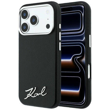 Custodia MagSafe per Apple iPhone 18 Pro Max / 17 Pro Max, Karl Lagerfeld, Saffiano Small Script Metal Logo, Nera