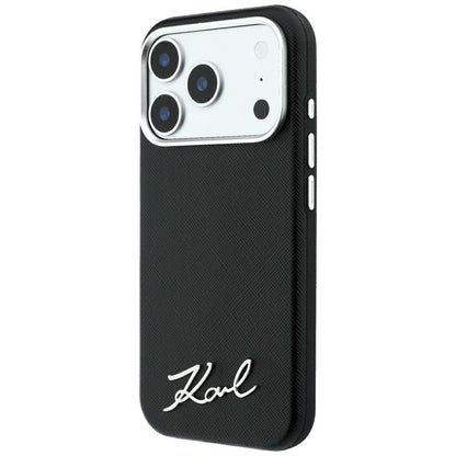 Custodia MagSafe per Apple iPhone 18 Pro Max / 17 Pro Max, Karl Lagerfeld, Saffiano Small Script Metal Logo, Nera