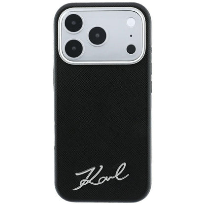 Custodia MagSafe per Apple iPhone 18 Pro Max / 17 Pro Max, Karl Lagerfeld, Saffiano Small Script Metal Logo, Nera