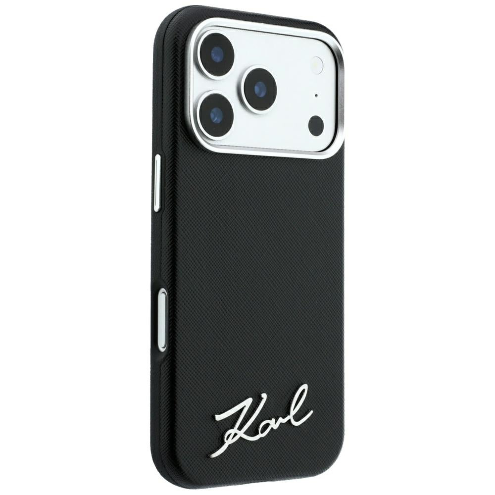 Custodia MagSafe per Apple iPhone 18 Pro Max / 17 Pro Max, Karl Lagerfeld, Saffiano Small Script Metal Logo, Nera