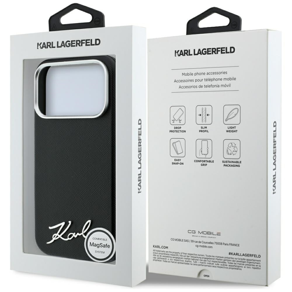 Custodia MagSafe per Apple iPhone 18 Pro Max / 17 Pro Max, Karl Lagerfeld, Saffiano Small Script Metal Logo, Nera